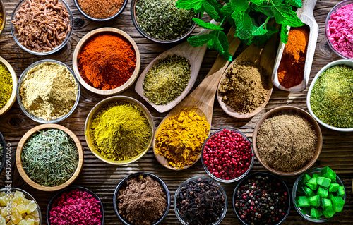 Fototapeta Naklejka Na Ścianę i Meble -  Composition with assortment of spices and herbs