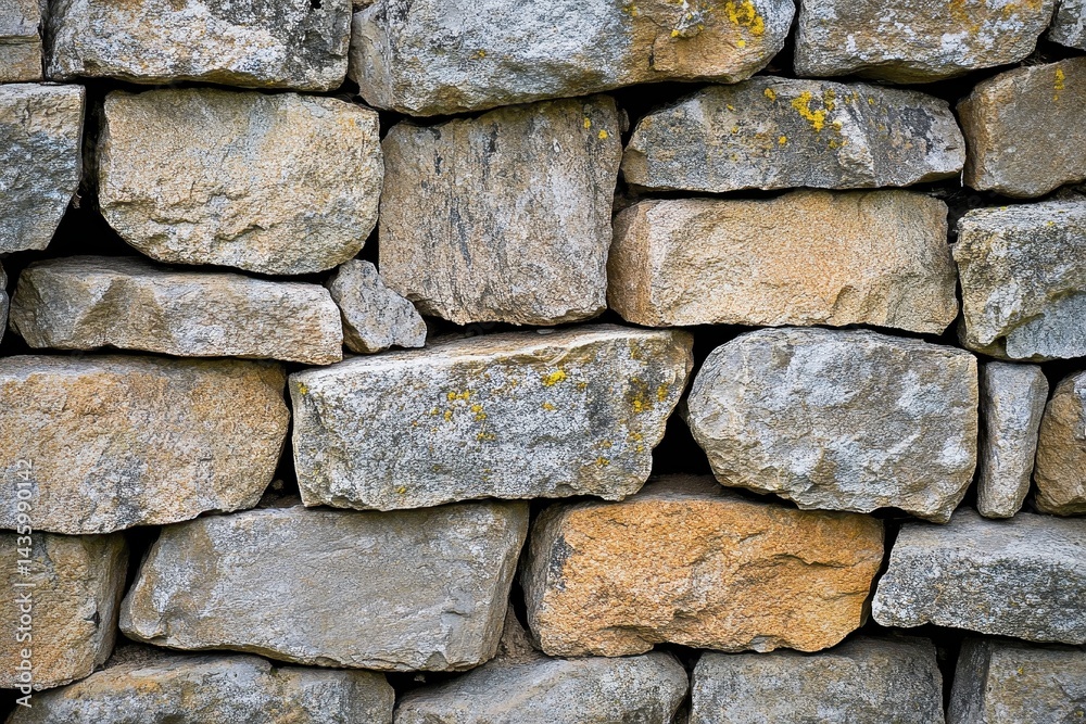 Rustic dry stone wall with lichen, in warm and cool colors. Ideal for textures, backgrounds, or symbolizing strength.