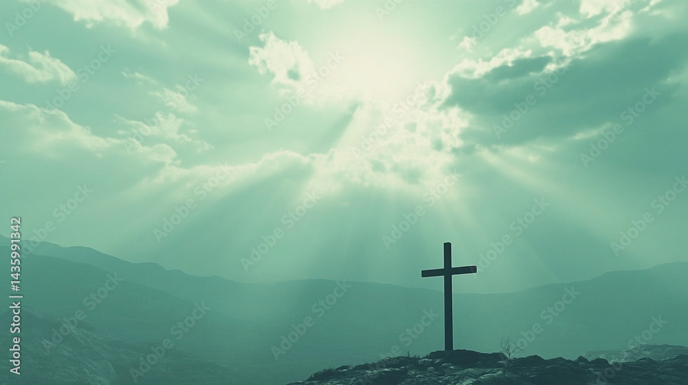 Obraz premium Illuminating faith: Cross on a hilltop bathed in ethereal sunbeams and serene atmosphere
