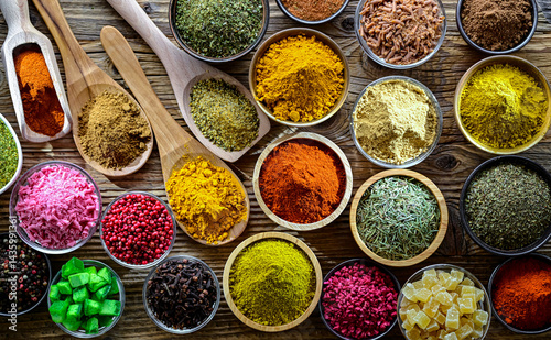Fototapeta Naklejka Na Ścianę i Meble -  Composition with assortment of spices and herbs