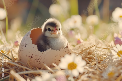 Newly hatched chick emerges from shell in a sunny field surrounded by wildflowers