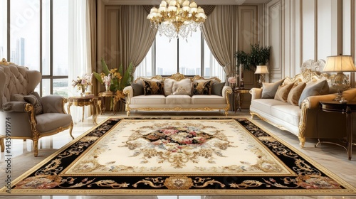 Luxurious cream and black area rug in a spacious living room. Detailed floral and ornate pattern
