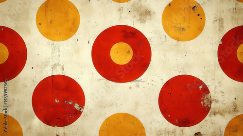 This vibrant vintage circle pattern features large red and yellow circles on a distressed background. Perfect for artistic and creative projects that need a pop of color