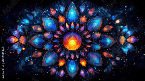 This vibrant abstract floral design features a mystical universe background, blending vivid colors and intricate shapes to create a captivating visual experience