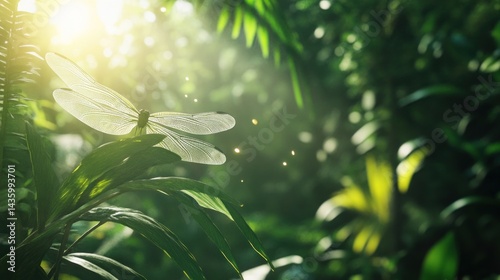 Fototapeta Naklejka Na Ścianę i Meble -  A translucent dragonfly in a sunlit jungle