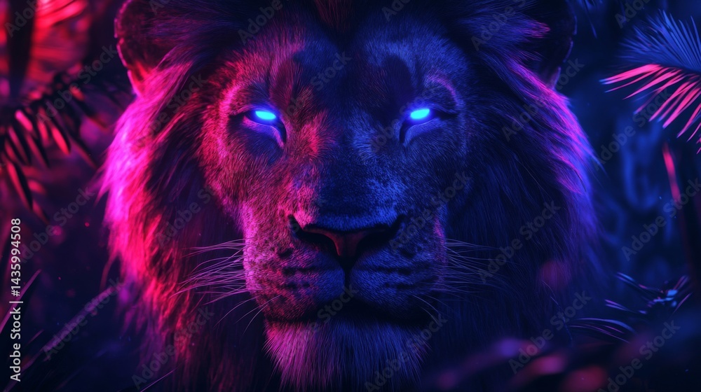 Naklejka premium Glowing Lion Portrait in a Dark Jungle