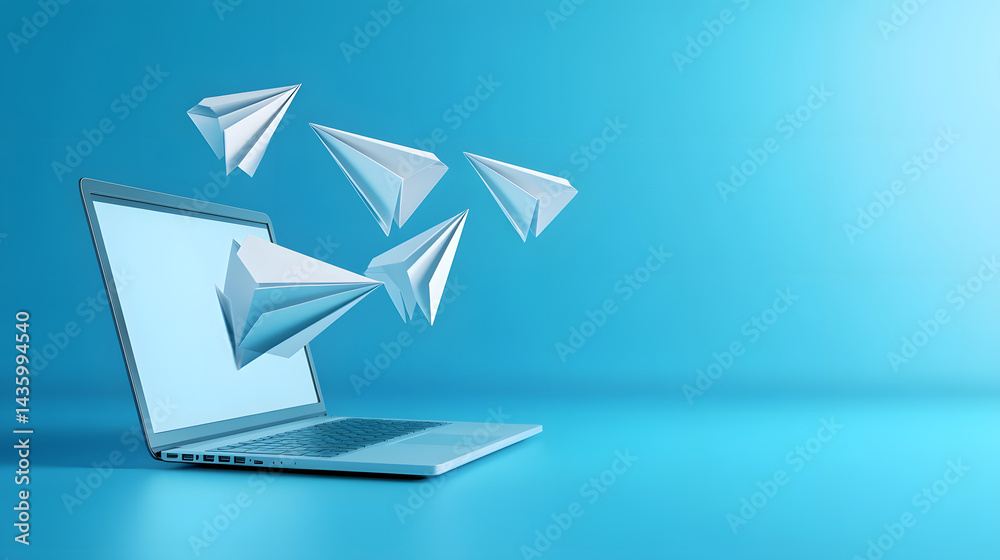 Digital Paper Airplanes Flying from Laptop Screen Global Communication Concept