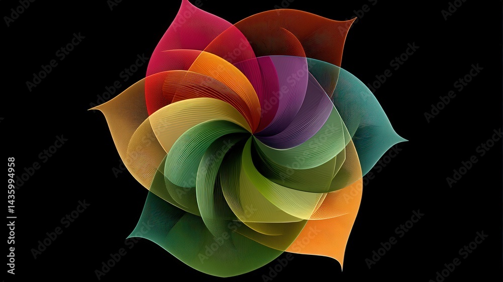 Abstract Colorful Flower Design with Curved Petals on Black Background