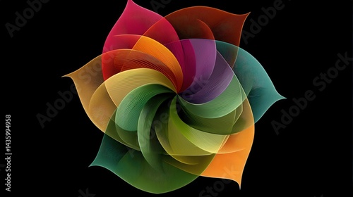 Abstract Colorful Flower Design with Curved Petals on Black Background
