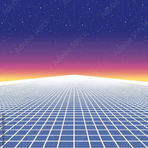Pixel Art Retro Sunset Landscape with Gridded Plain