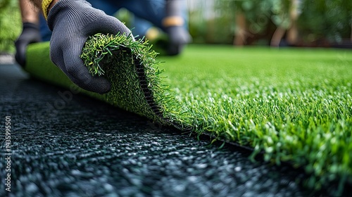 Artificial turf being installed in a residential outdoor space.