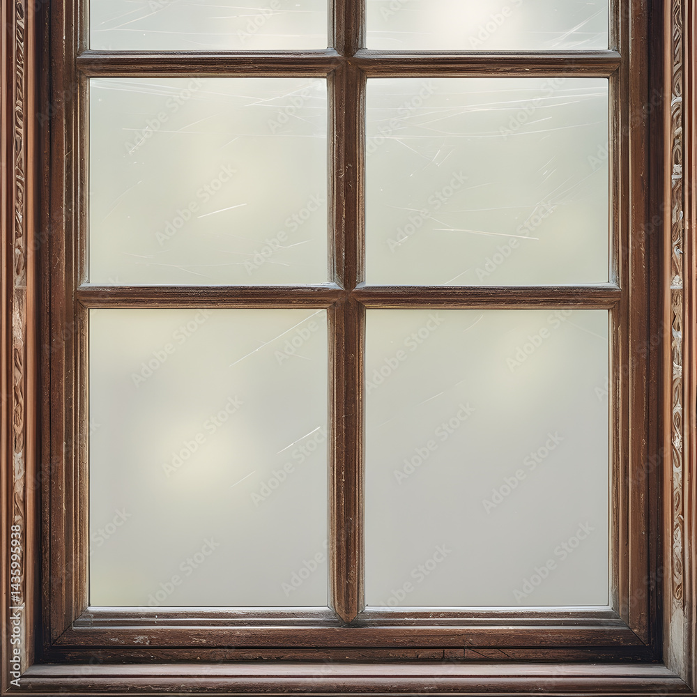 Fototapeta premium Window Frame: The image showcases a detailed view of a classic wooden window frame with six panes, featuring a blend of traditional craftsmanship and a hint of faded elegance.