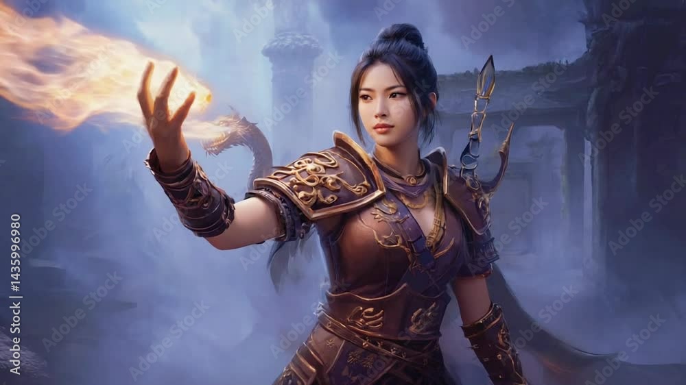 Wide shot fierce warrior woman in reinforced leather plate armor, spear upright, huge black dragon with battle scarred scales, swirling battlefield fog, medieval siege remnants, epic, slow dolly out