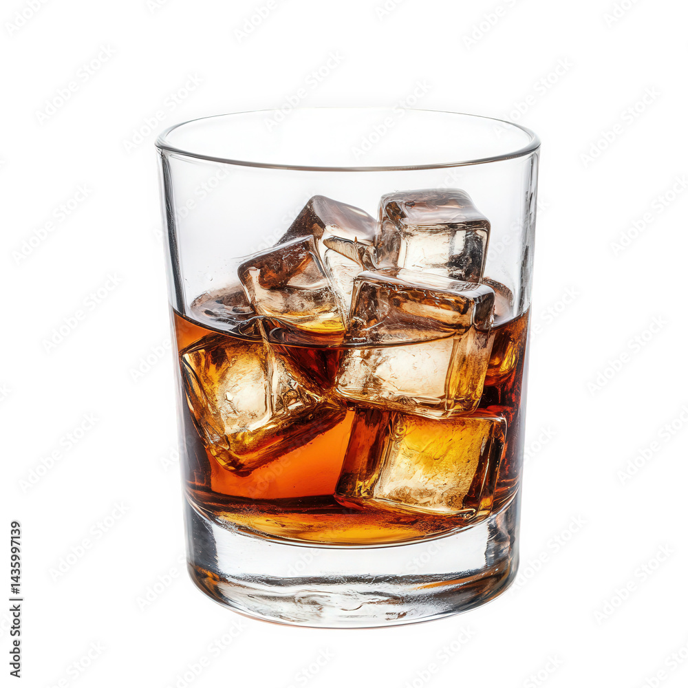 glass filled with amber-colored liquid and several ice cubes. suggesting a refreshing drink. likely a cocktail or whiskey. served on a clean. white background the arrangement emphasizes the drink's cl glass filled with amber-colored liquid and several ice cubes. suggesting a refreshing drink. likely a cocktail or whiskey. served on a clean. white background the arrangement emphasizes the drink's cl