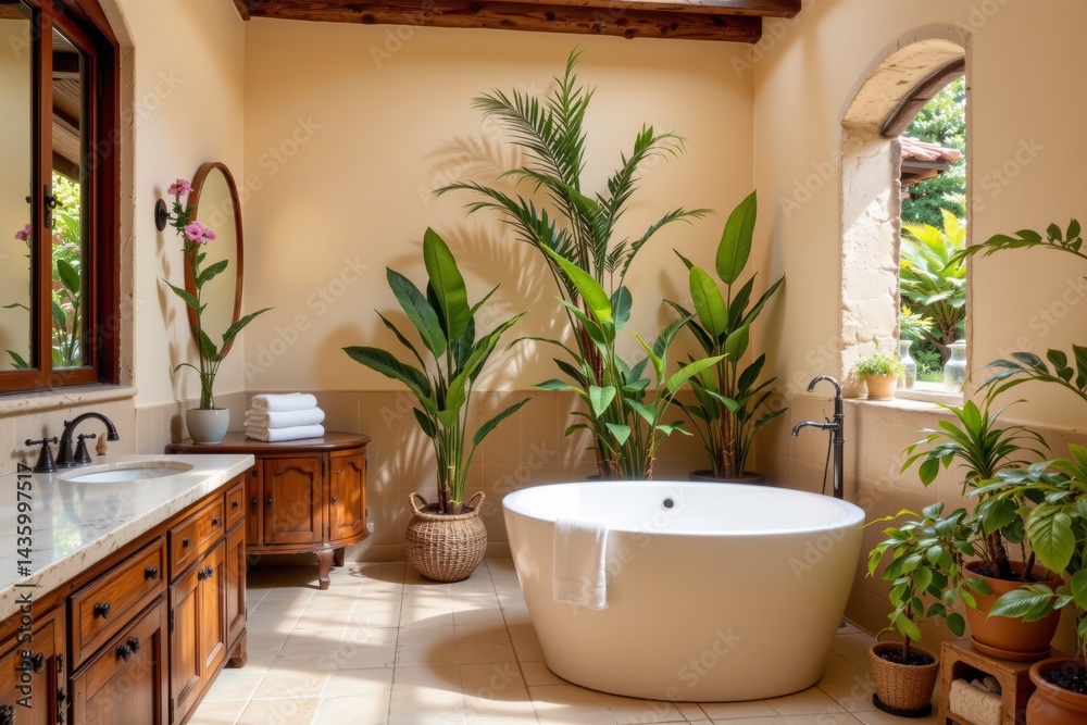 Fototapeta premium Cozy and Serene Bathroom Retreat with Freestanding Bathtub and Lush Greenery