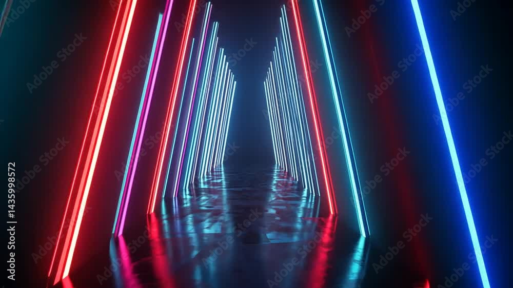 Abstract neon light corridor creating tunnel effect, digital background, futuristic concept