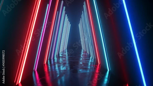 Abstract neon light corridor creating tunnel effect, digital background, futuristic concept
