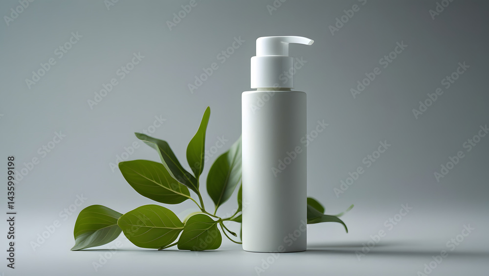 A sleek cylindrical pump bottle with a soft matte surface and a crisp wite blank white label. A sleek cylindrical pump bottle with a soft matte surface and a crisp wite blank white label.