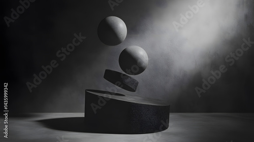 Obraz na płótnie Abstract Gray Stone Spheres Cylinder Levitation Minimalist Product Display Background w salonie