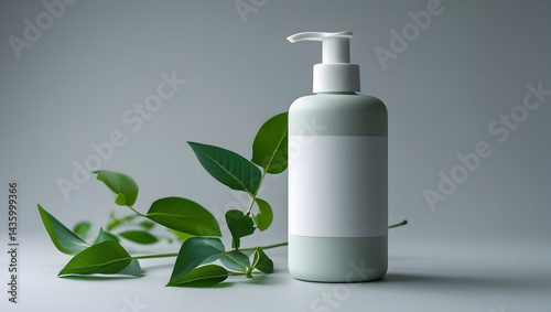 A sleek cylindrical pump bottle with a soft matte surface and a crisp wite blank white label.