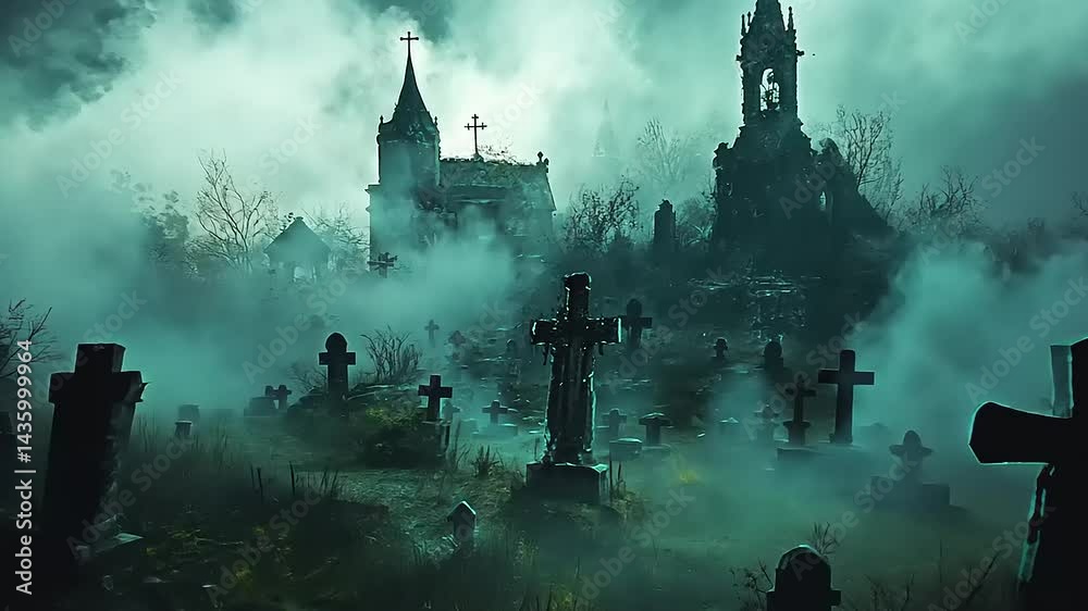 Eerie graveyard scene with ancient church emerging from fog, in an unsettling atmosphere