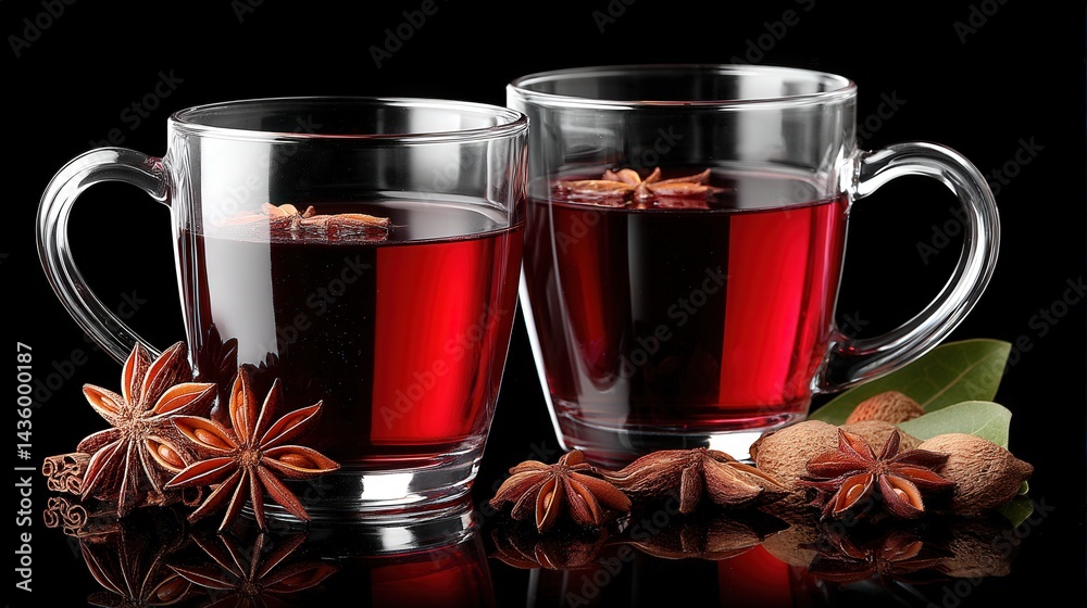 Aromatic Herbal Tea with Spices in Glass Cups on Black Background