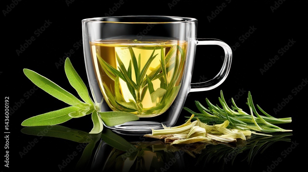 Aromatic Herbal Tea with Fresh Leaves in Transparent Glass Cup