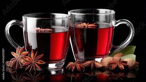 Obraz na płótnie Aromatic Herbal Tea with Spices in Glass Cups on Black Background w salonie