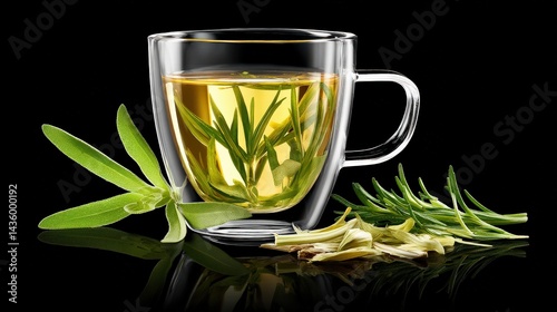 Aromatic Herbal Tea with Fresh Leaves in Transparent Glass Cup