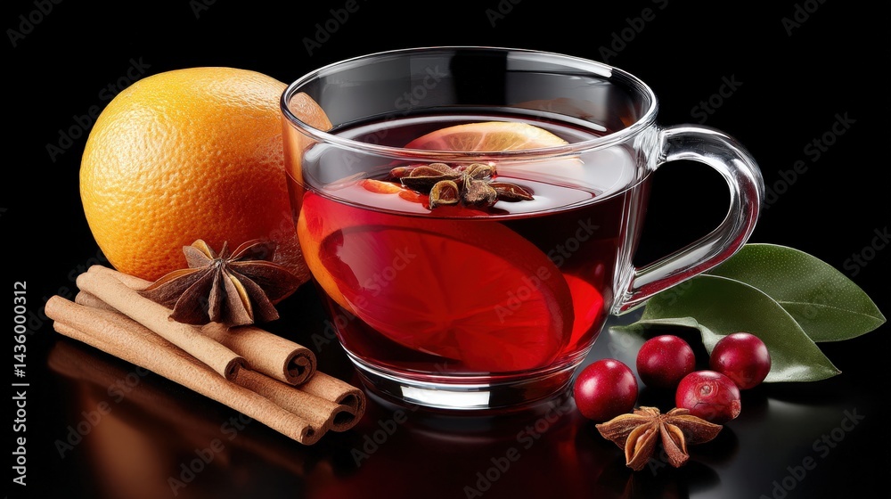 Aromatic Spiced Tea with Citrus and Cinnamon on Black Background
