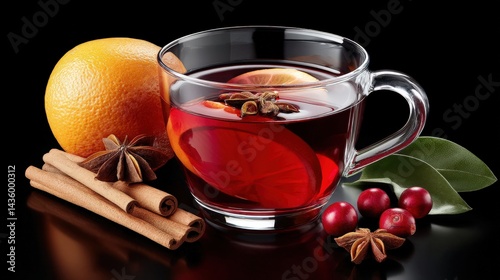Aromatic Spiced Tea with Citrus and Cinnamon on Black Background