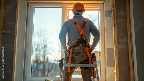 Wallpaper Mural Construction worker on a ladder looking out a new window. Torontodigital.ca