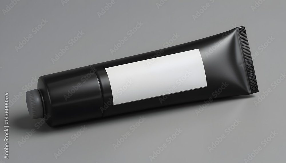 Fototapeta premium Matte black cosmetic tube with centered blank white label.