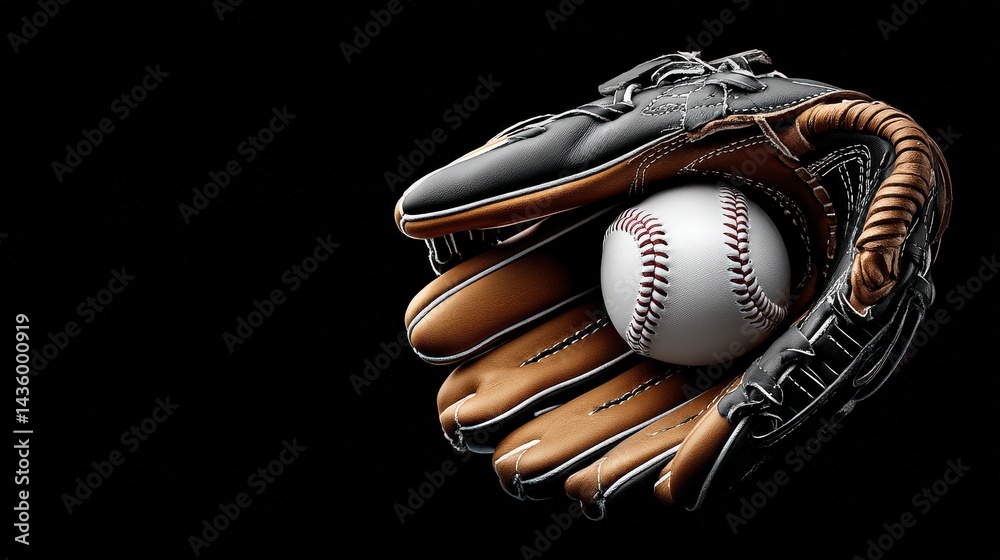 Baseball Glove and Ball on Black Background for Sports Imagery