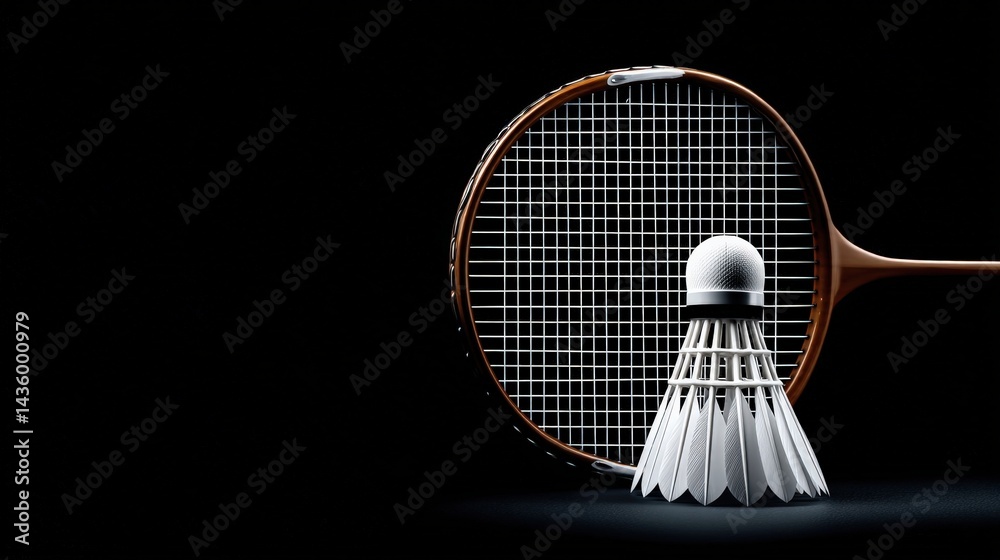 Badminton Racket and Shuttlecock on Dark Background with Reflection