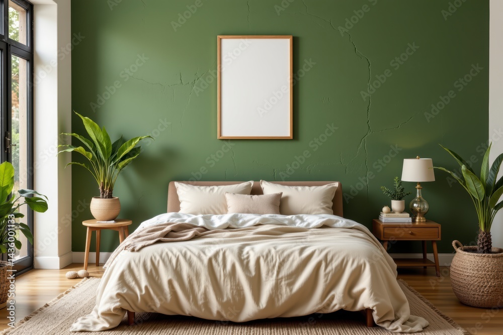 Fototapeta premium Cozy Bedroom Decor with Green Wall and Natural Elements in Modern Interior Design