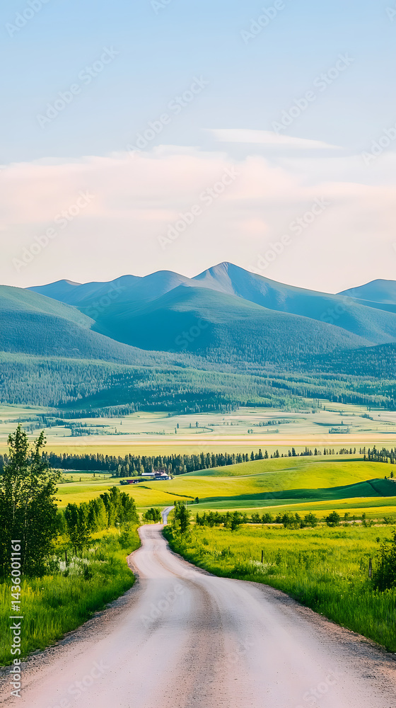 Serene Country Road Winding Through Vibrant Green Fields Towards Majestic Mountains