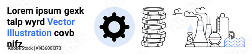 Cogwheel, stack of coins, and factory outline representing industry, finance, growth, manufacturing, technology, economy innovation. Ideal for business startups reports technology finance