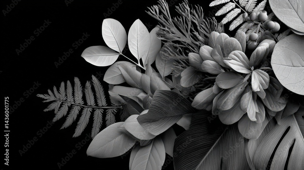 Black and White Artistic Botanical Arrangement with Varied Leaves
