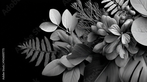 Black and White Artistic Botanical Arrangement with Varied Leaves