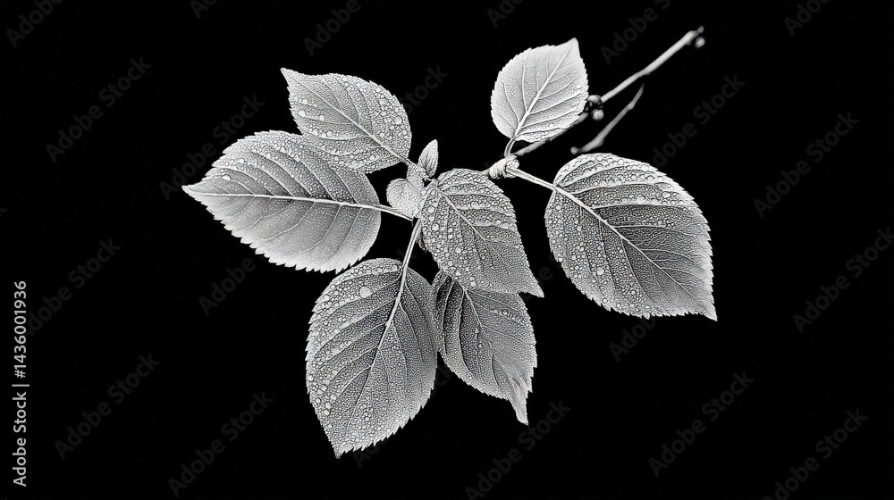 Black and White Leaf with Water Drops on Isolated Background