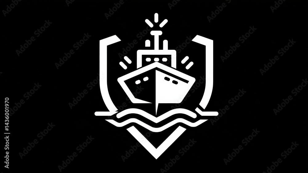 Black and White Ship Emblem with Waves and Shield Icon Design