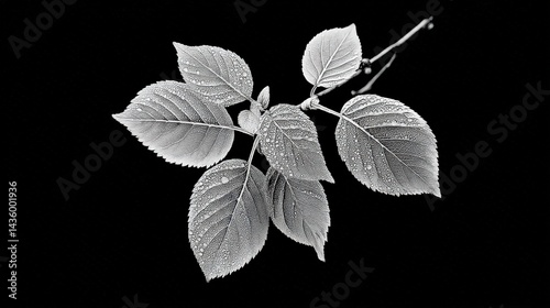 Obraz na płótnie Black and White Leaf with Water Drops on Isolated Background w salonie