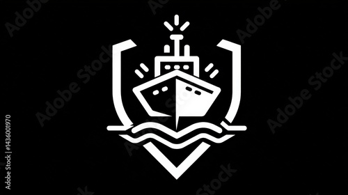 Obraz na płótnie Black and White Ship Emblem with Waves and Shield Icon Design w salonie