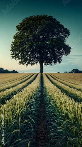 Obraz na płótnie Serene Summer Wheat Field Landscape Majestic Tree Rural Nature Photography w salonie