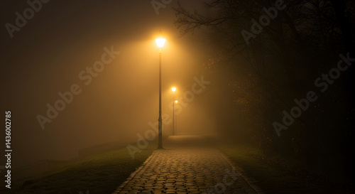 Path Through The Hazy Park At Twilight With Illuminated Streetlights photo