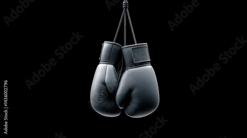 Obraz na płótnie Black Boxing Gloves Hanging in a Dark Environment for Sports Themes w salonie
