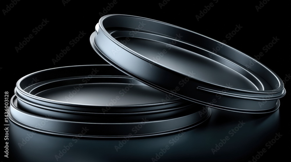 Black Circular Containers with Smooth Surfaces on Dark Background