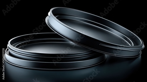 Obraz na płótnie Black Circular Containers with Smooth Surfaces on Dark Background w salonie