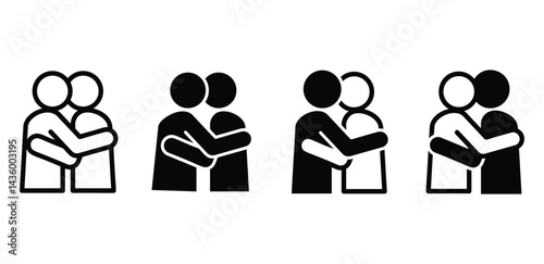 Simple Black and White Hug Icons Variations of Embracing Human Figures Vector Design Illustration